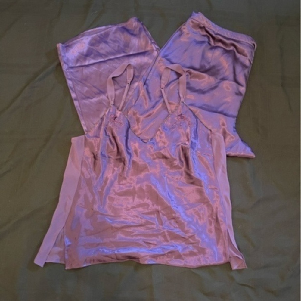 Cabernet pajama set with long, wide leg pants & camisole top with beading.